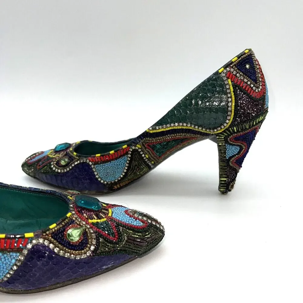 Bradley Levin Beaded Heels Womens 8 Charles Jourdan 80s 90s Vintage Rare Unique - Picture 8 of 15
